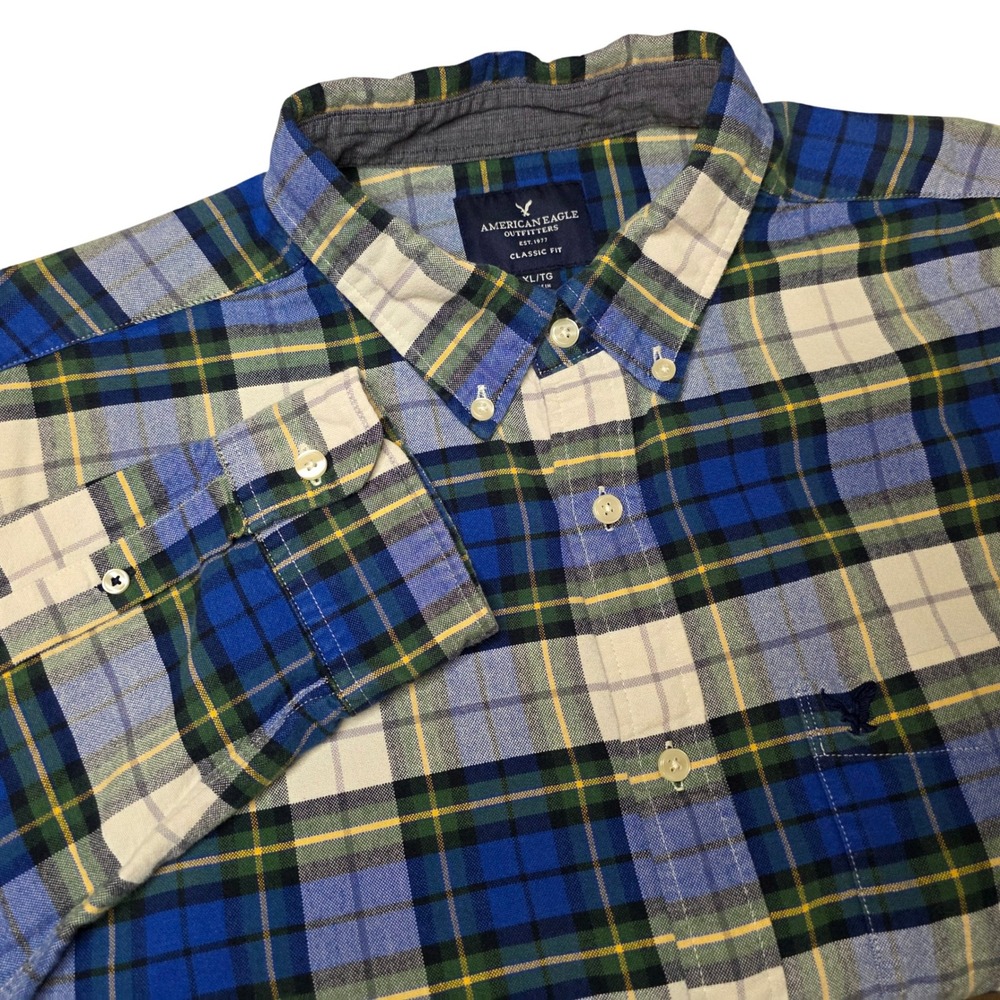 American Eagle Outfitters Mens XL Flannel Shirt Classic Fit Blue Plaid Y2K